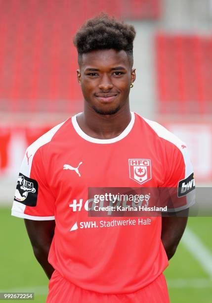 Braydon Manu of Halle poses during the Team Presentation of Hallescher FC at Erdgas Sportpark on July 6, 2018 in Halle, Germany.