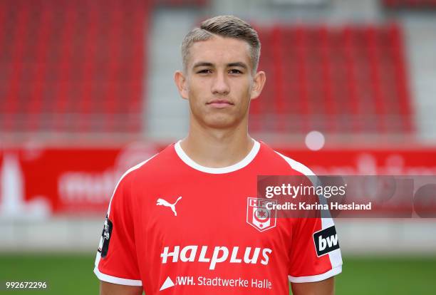 Julian Guttau of Halle poses during the Team Presentation of Hallescher FC at Erdgas Sportpark on July 6, 2018 in Halle, Germany.