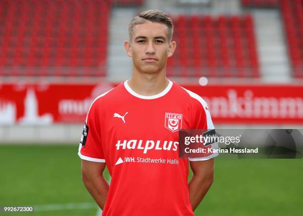 Julian Guttau of Halle poses during the Team Presentation of Hallescher FC at Erdgas Sportpark on July 6, 2018 in Halle, Germany.