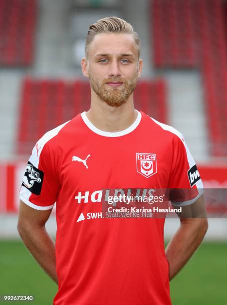 Bjoern Jopek of Halle poses during the Team Presentation of Hallescher FC at Erdgas Sportpark on July 6, 2018 in Halle, Germany.