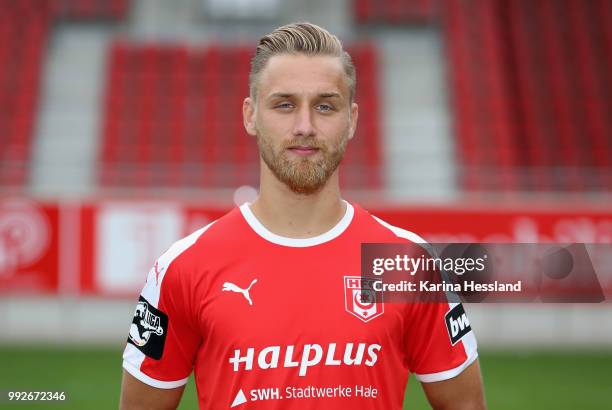 Bjoern Jopek of Halle poses during the Team Presentation of Hallescher FC at Erdgas Sportpark on July 6, 2018 in Halle, Germany.