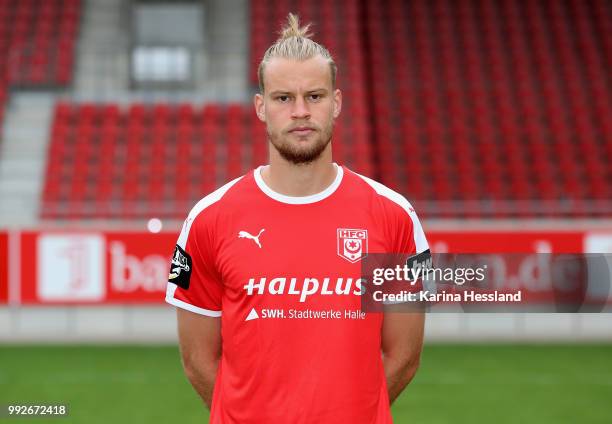 Sebastian Mai of Halle poses during the Team Presentation of Hallescher FC at Erdgas Sportpark on July 6, 2018 in Halle, Germany.