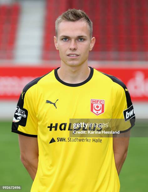 Goalkeeper Tom Mueller of Halle poses during the Team Presentation of Hallescher FC at Erdgas Sportpark on July 6, 2018 in Halle, Germany.