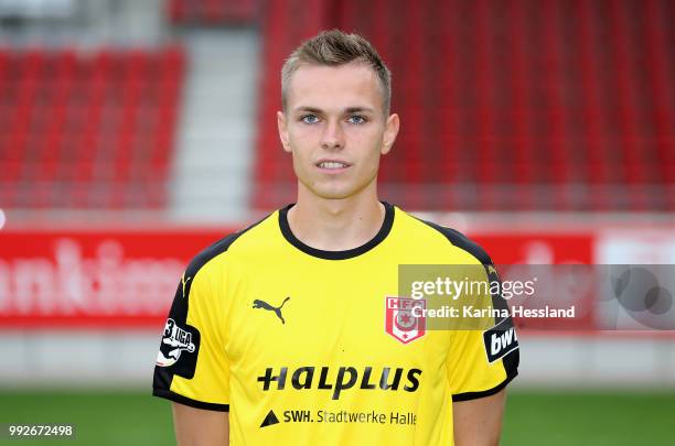 Goalkeeper Tom Mueller of Halle poses during the Team Presentation of Hallescher FC at Erdgas Sportpark on July 6, 2018 in Halle, Germany.