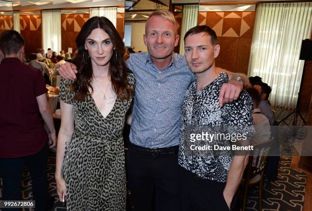 Juno Dawson, Matt Cain and Dan Gillespie Sells attend the Attitude Pride Awards 2018 at The Berkeley Hotel on July 6, 2018 in London, England.