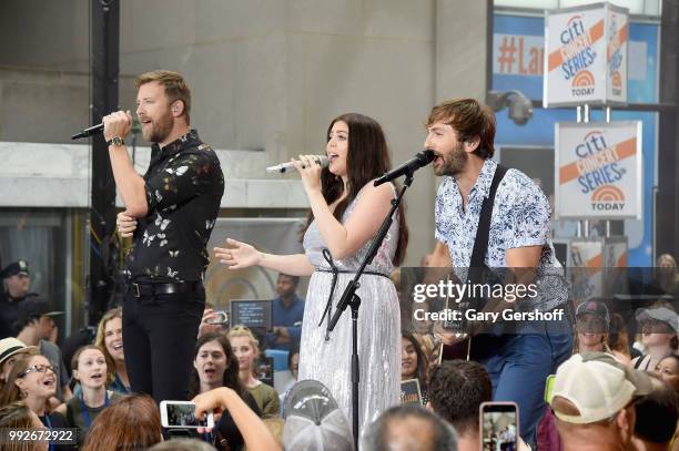 Recording artists Charles Kelley, Hillary Scott and Dave Haywood of Lady Antebellum perform on stage during NBC's 'Today' at Rockefeller Plaza on...