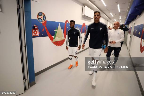 Thomas Lemar and Raphael Varane of France walk in the tunnel prior to the 2018 FIFA World Cup Russia Quarter Final match between Uruguay and France...