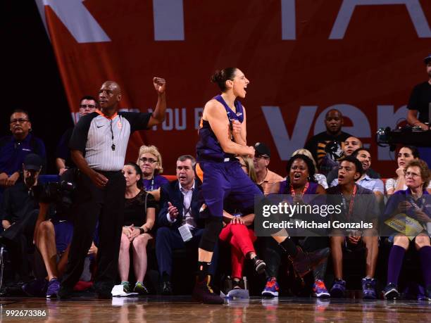 Diana Taurasi of the Phoenix Mercury celebrates during the game against the Connecticut Sun on July 5, 2018 at Talking Stick Resort Arena in Phoenix,...