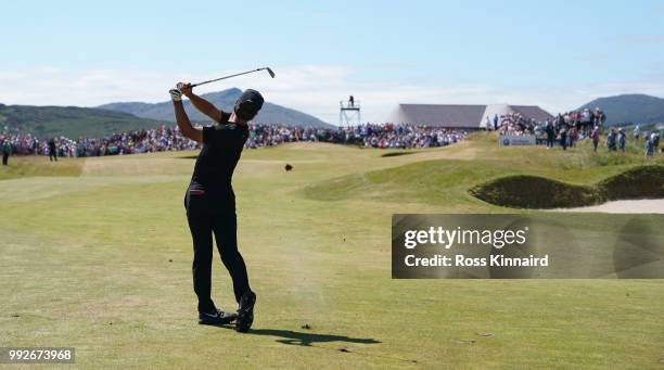 Thorbjorn Olesen of Denmark plays his second shot on the par four 9th hole during the second round of the Dubai Duty Free Irish Open at Ballyliffin...