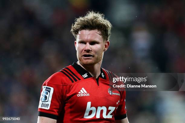 Mitchell Drummond of the Crusaders looks on during the round 18 Super Rugby match between the Crusaders and the Highlanders at AMI Stadium on July 6,...