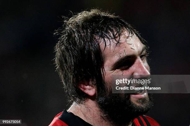 Sam Whitelock of the Crusaders looks on during the round 18 Super Rugby match between the Crusaders and the Highlanders at AMI Stadium on July 6,...