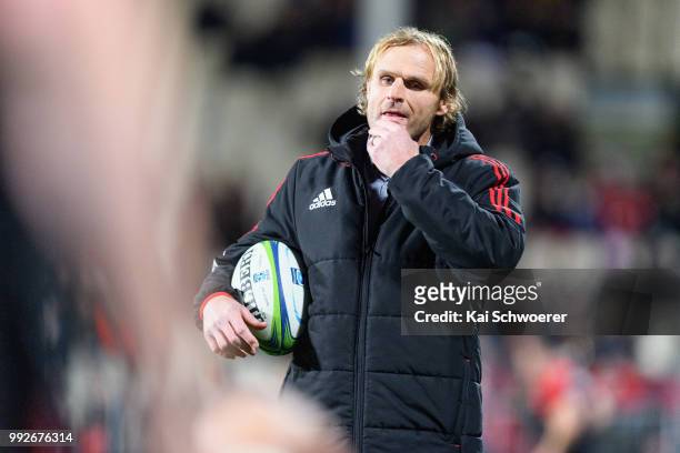 Head Coach Scott Robertson of the Crusaders reacts prior to the round 18 Super Rugby match between the Crusaders and the Highlanders at AMI Stadium...