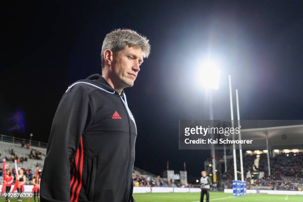 Assistant Coach Ronan O'Gara of the Crusaders looks on prior to the round 18 Super Rugby match between the Crusaders and the Highlanders at AMI...