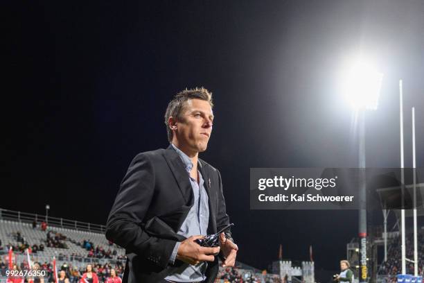 Assistant Coach Brad Mooar of the Crusaders looks on prior to the round 18 Super Rugby match between the Crusaders and the Highlanders at AMI Stadium...