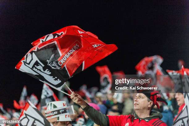 Crusaders fan shows jus support during the round 18 Super Rugby match between the Crusaders and the Highlanders at AMI Stadium on July 6, 2018 in...