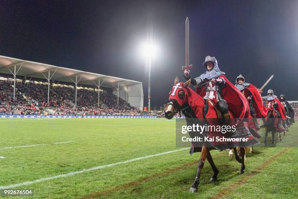 Crusader horsemen perform prior to the round 18 Super Rugby match between the Crusaders and the Highlanders at AMI Stadium on July 6, 2018 in...