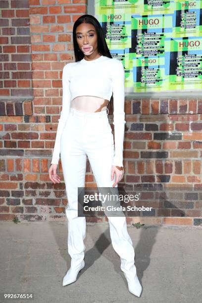 Winnie Harlow attends the HUGO show during the Berlin Fashion Week Spring/Summer 2019 at Motorwerk on July 5, 2018 in Berlin, Germany.