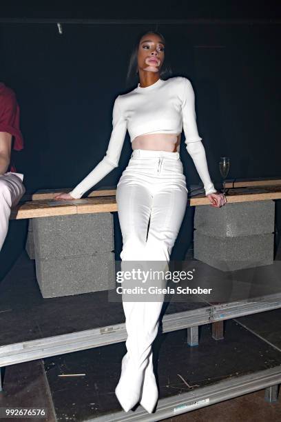 Winnie Harlow attends the HUGO show during the Berlin Fashion Week Spring/Summer 2019 at Motorwerk on July 5, 2018 in Berlin, Germany.