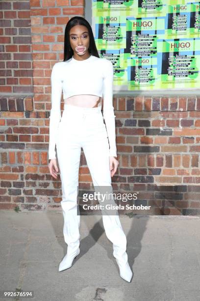 Winnie Harlow attends the HUGO show during the Berlin Fashion Week Spring/Summer 2019 at Motorwerk on July 5, 2018 in Berlin, Germany.