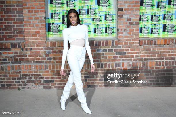 Winnie Harlow attends the HUGO show during the Berlin Fashion Week Spring/Summer 2019 at Motorwerk on July 5, 2018 in Berlin, Germany.