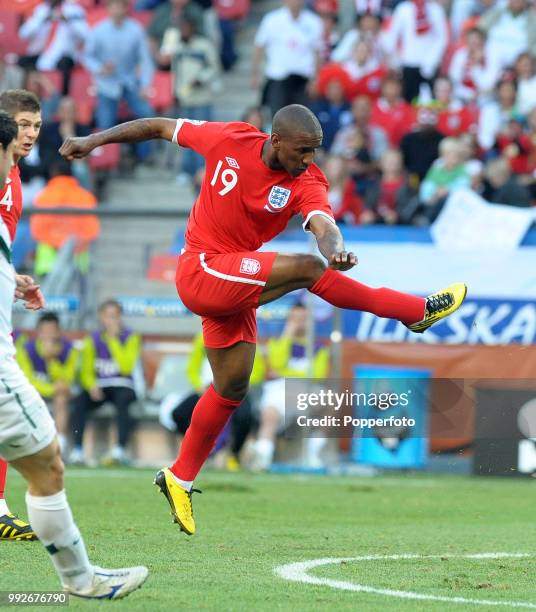 Jermain Defoe of England takes a shot at goal during the FIFA World Cup Group C match between Slovenia and England at the Nelson Mandela Bay Stadium...