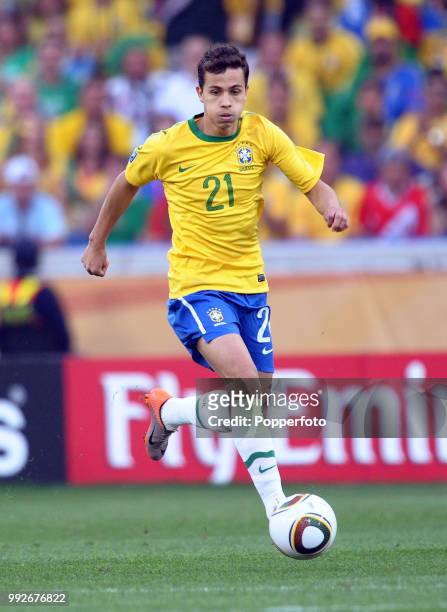 Nilmar of Brazil in action during the FIFA World Cup Group G match between Portugal and Brazil at the Moses Mabhida Stadium on June 25, 2010 in...