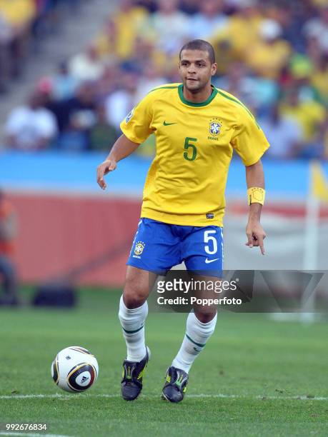 Felipe Melo of Brazil in action during the FIFA World Cup Group G match between Portugal and Brazil at the Moses Mabhida Stadium on June 25, 2010 in...