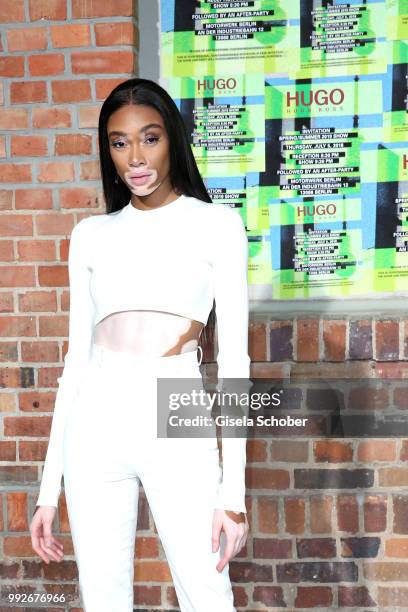 Winnie Harlow attends the HUGO show during the Berlin Fashion Week Spring/Summer 2019 at Motorwerk on July 5, 2018 in Berlin, Germany.