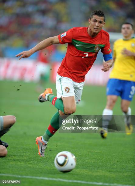 Cristiano Ronaldo of Portugal in action during the FIFA World Cup Group G match between Portugal and Brazil at the Moses Mabhida Stadium on June 25,...