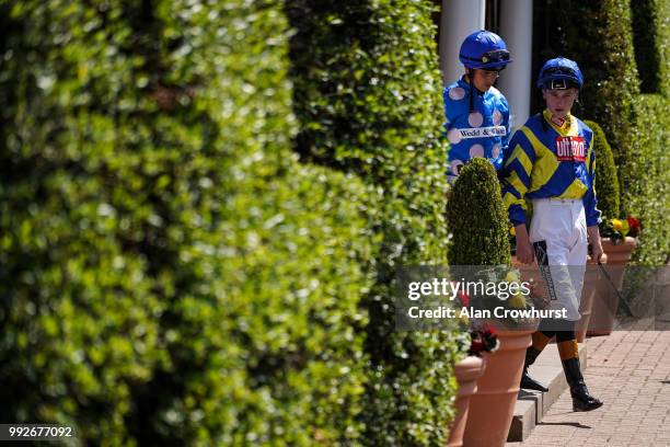 General view as jockeys leave the weighing room at Sandown Park on July 6, 2018 in Esher, United Kingdom.