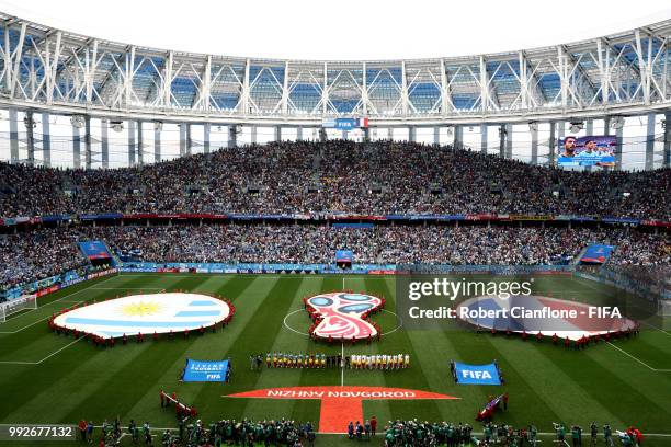 General view inside the stadium as the teams line up ahead of the 2018 FIFA World Cup Russia Quarter Final match between Uruguay and France at Nizhny...