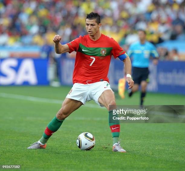 Cristiano Ronaldo of Portugal in action during the FIFA World Cup Group G match between Portugal and Brazil at the Moses Mabhida Stadium on June 25,...