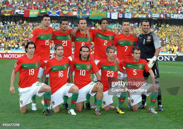 Portugal line up for a group photo before the FIFA World Cup Group G match between Portugal and Brazil at the Moses Mabhida Stadium on June 25, 2010...