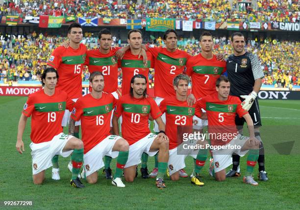 Portugal line up for a group photo before the FIFA World Cup Group G match between Portugal and Brazil at the Moses Mabhida Stadium on June 25, 2010...