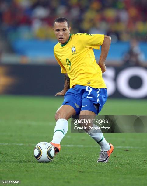 Luis Fabiano of Brazil in action during the FIFA World Cup Group G match between Portugal and Brazil at the Moses Mabhida Stadium on June 25, 2010 in...