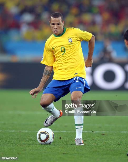 Luis Fabiano of Brazil in action during the FIFA World Cup Group G match between Portugal and Brazil at the Moses Mabhida Stadium on June 25, 2010 in...