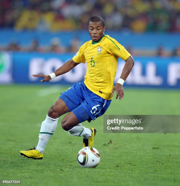 Michel Bastos of Brazil in action during the FIFA World Cup Group G match between Portugal and Brazil at the Moses Mabhida Stadium on June 25, 2010...