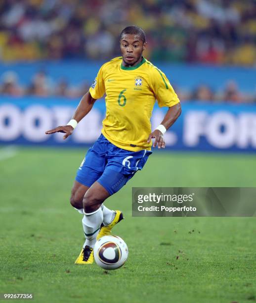 Michel Bastos of Brazil in action during the FIFA World Cup Group G match between Portugal and Brazil at the Moses Mabhida Stadium on June 25, 2010...