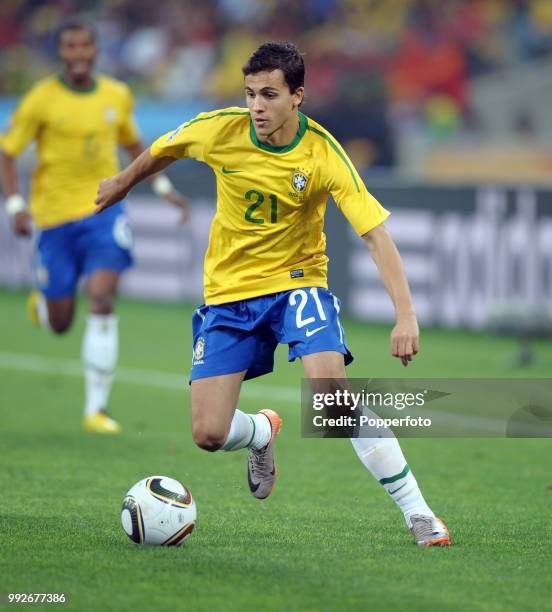 Nilmar of Brazil in action during the FIFA World Cup Group G match between Portugal and Brazil at the Moses Mabhida Stadium on June 25, 2010 in...