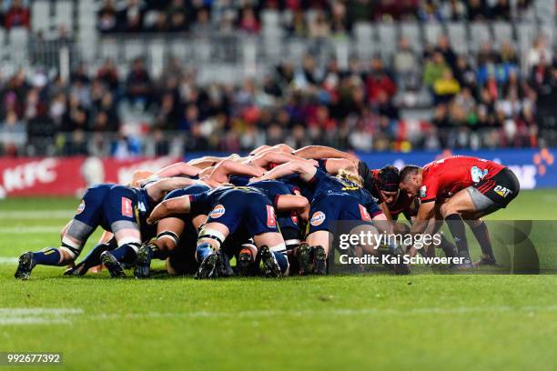 Bryn Hall of the Crusaders feeds the scrum during the round 18 Super Rugby match between the Crusaders and the Highlanders at AMI Stadium on July 6,...