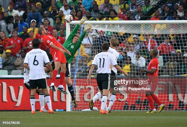 Matt Upson of England scores past Germany goalkeeper Manuel Neuer during a FIFA World Cup Round of 16 match at the Free State Stadium on June 27,...