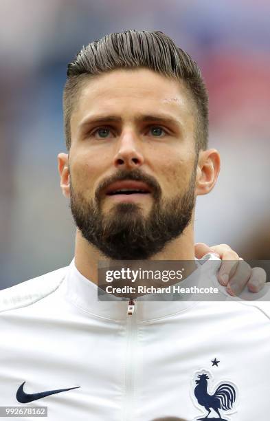 Olivier Giroud of France sings the national anthem prior to the 2018 FIFA World Cup Russia Quarter Final match between Uruguay and France at Nizhny...