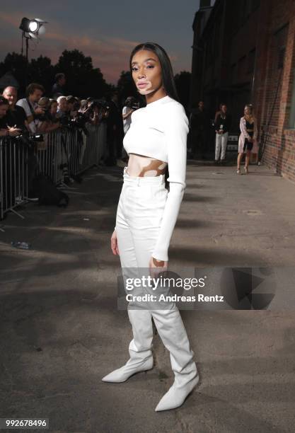 Winnie Harlow attends the HUGO show during the Berlin Fashion Week Spring/Summer 2019 at Motorwerk on July 5, 2018 in Berlin, Germany.