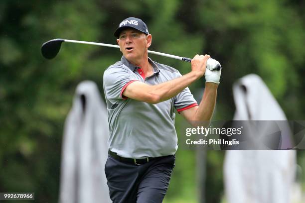 Peter Fowler of Australia in action during Day One of the Swiss Seniors Open at Golf Club Bad Ragaz on July 6, 2018 in Bad Ragaz, Switzerland.