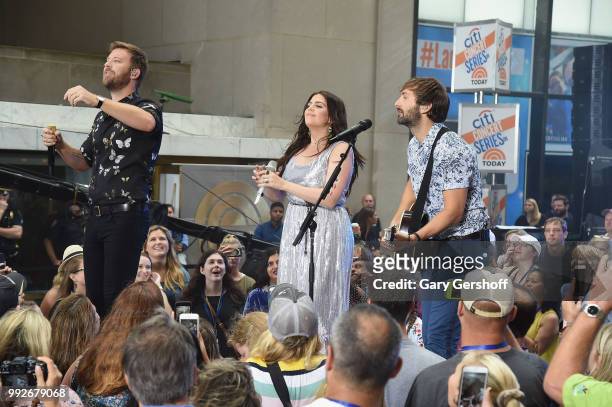 Recording artists Charles Kelley, Hillary Scott and Dave Haywood of Lady Antebellum perform during NBC's 'Today' at Rockefeller Plaza on July 6, 2018...