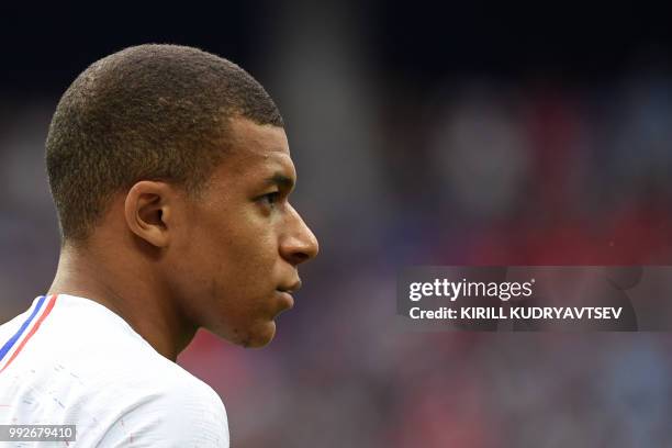 France's forward Kylian Mbappe looks on during the Russia 2018 World Cup quarter-final football match between Uruguay and France at the Nizhny...