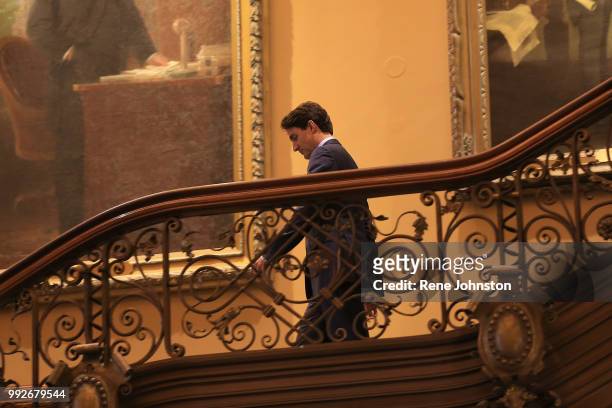 Prime Minister Trudeau leaves the meeting with Doug Ford and walks down the grand stairs at Queens Park.July 05, 2018.