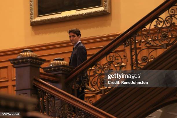 Prime Minister Trudeau leaves the meeting with Doug Ford and walks down the grand stairs at Queens Park.July 05, 2018.