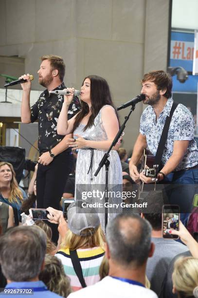 Recording artists Charles Kelley, Hillary Scott and Dave Haywood of Lady Antebellum perform during NBC's 'Today' at Rockefeller Plaza on July 6, 2018...