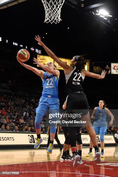 Courtney Vandersloot of the Chicago Sky drives to the basket against the Las Vegas Aces on July 5, 2018 at the Mandalay Bay Events Center in Las...